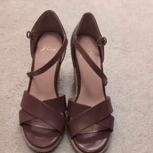 J. Crew Brown Leather Wedge Sandals with Ankle Strap